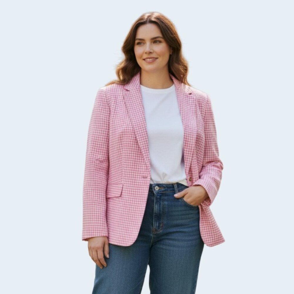 Talbots Women's Classic Summer Pink Blazer Gingham Plaid Linen Blend Sz 14P NWOT